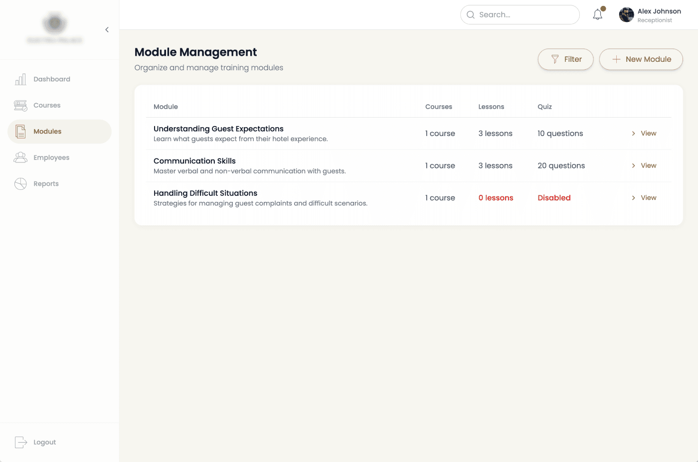 Module Management: List and organize all training modules.