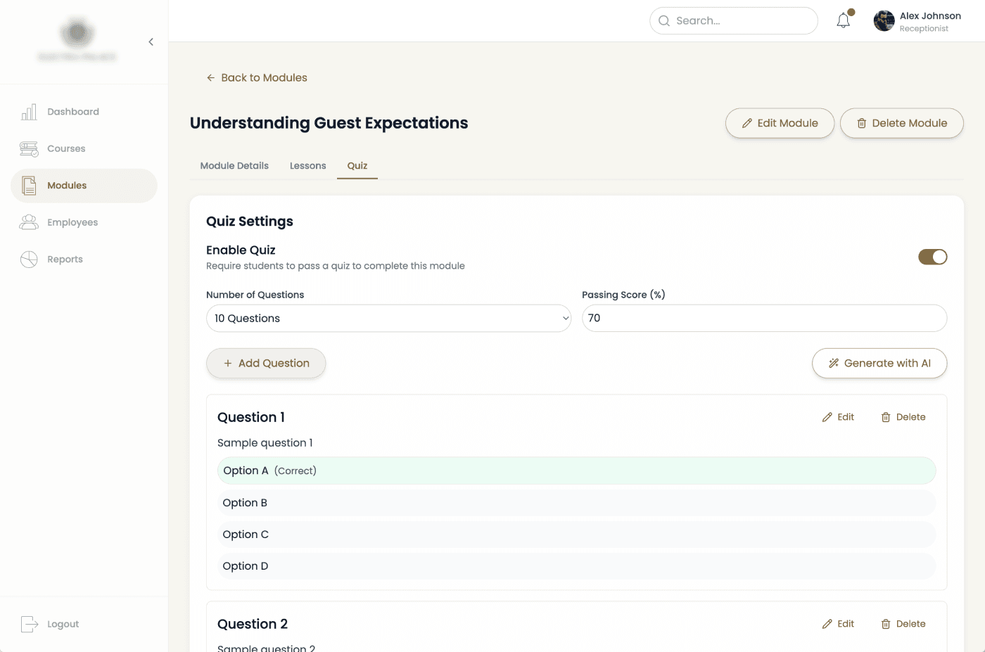 Module Quiz: Configure and review quiz questions for a module.