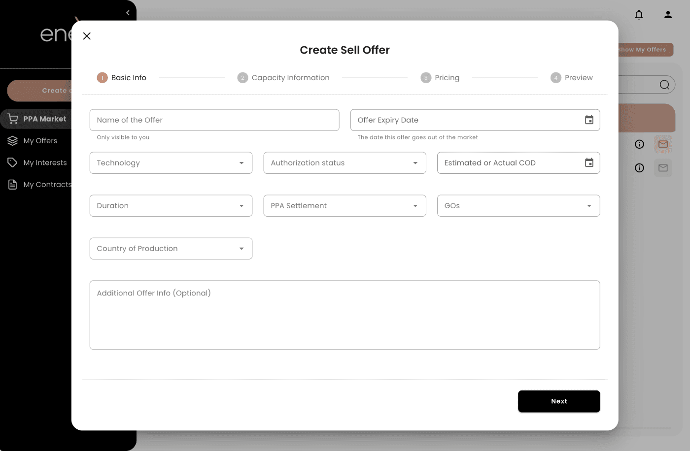 Create an offer in the market modal