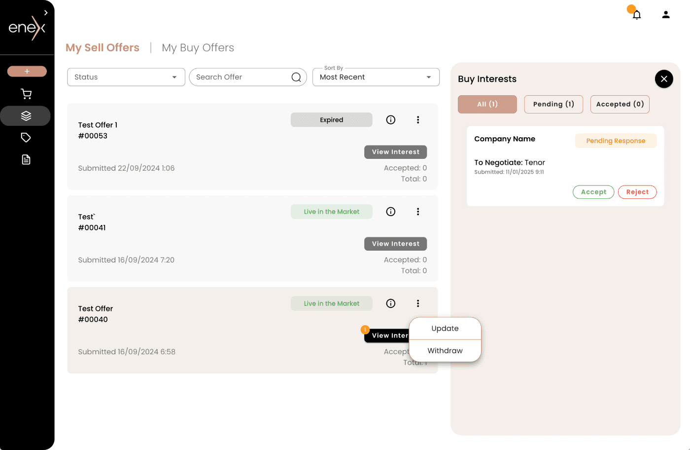 User offers management page