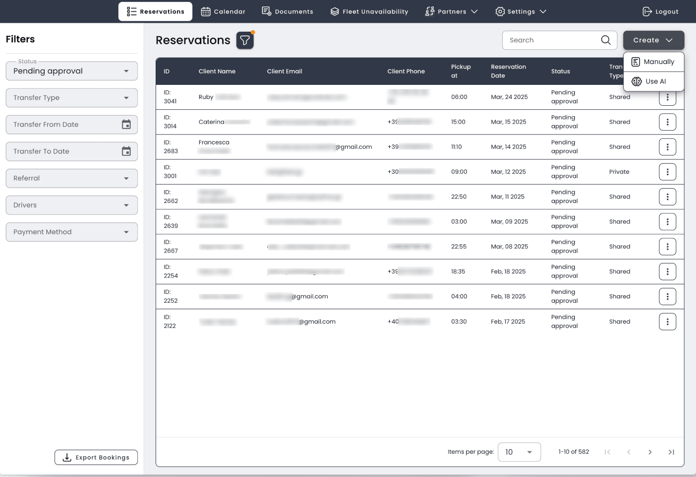 Bookings Table View